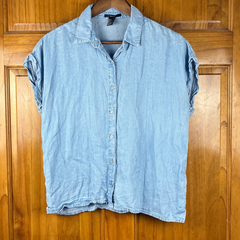 Forever 21 Women S Blue Chambray Short Sleeve Button Down Shirt Coastal Grandma